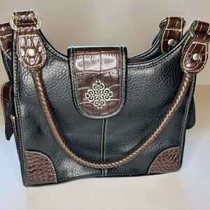 Brighton Vintage Black Leather Shoulder Bag Brown Croc Trim Braided Straps Y2K